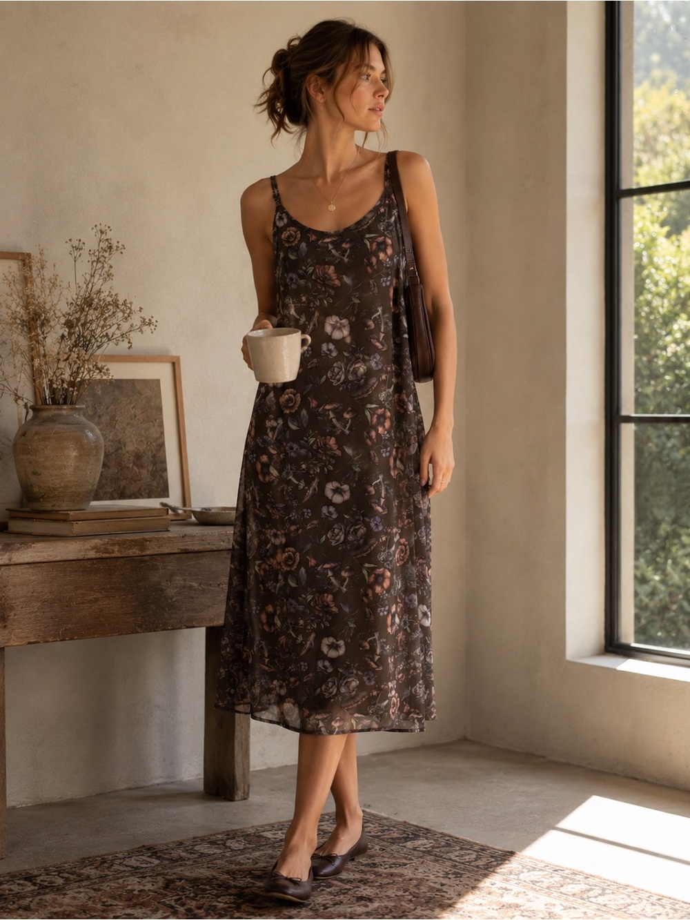 Thorn & Fable Brown Floral Mushroom Mesh Slip Dress LG Maxi Midi